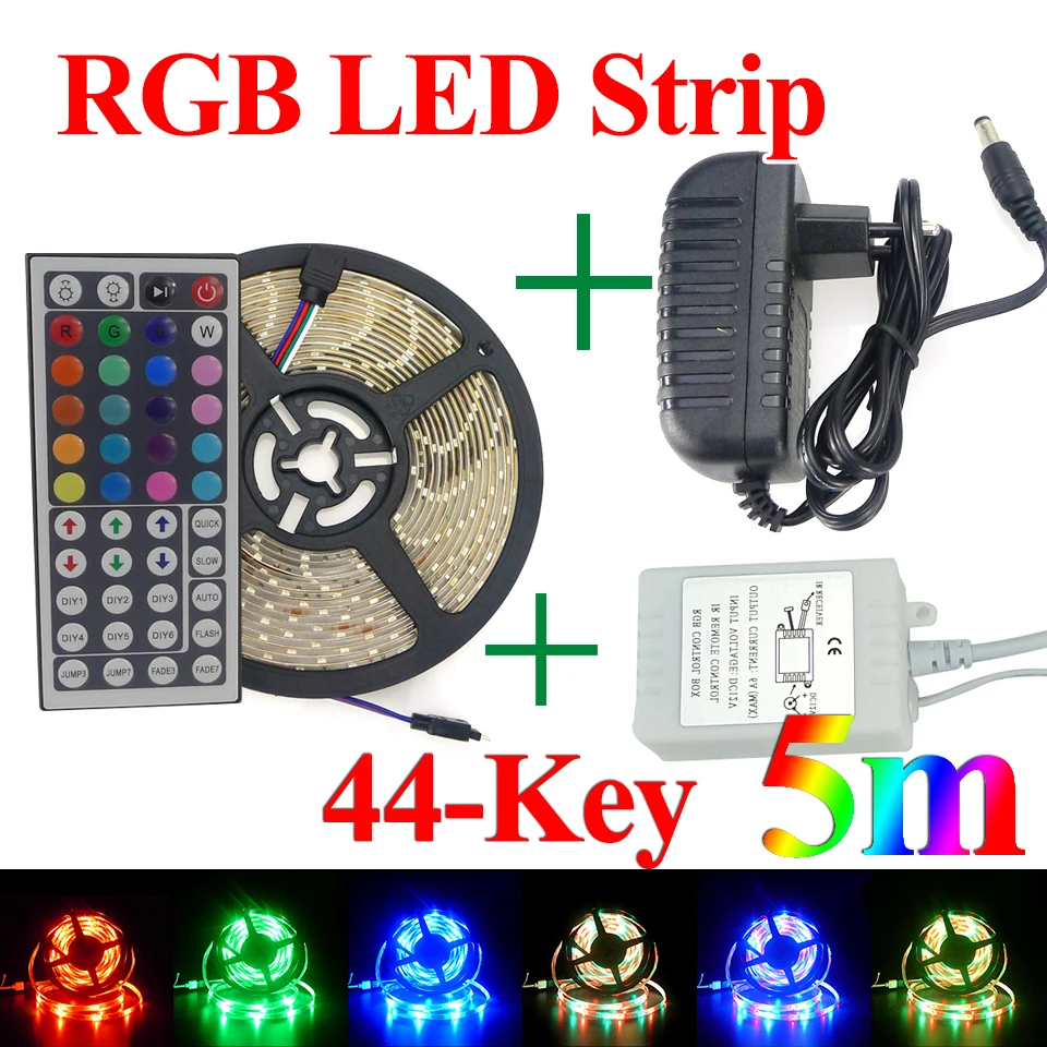 Rgb светодиодные полосы Водонепроницаемый 5 м SMD 3528 300 светодиодов/roll + 44 клавиши ИК-пульт дистанционного + DC12V Адаптеры питания высокая