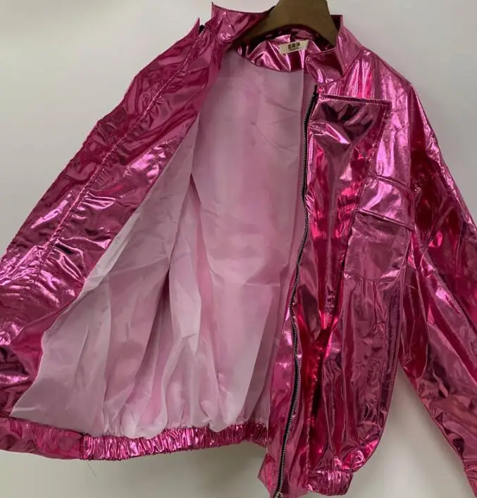 2019 Spring Women Casual Metal Batwing Sleeve Bomber Jacket Pink Silver Hip Hop Punk Loose Coat