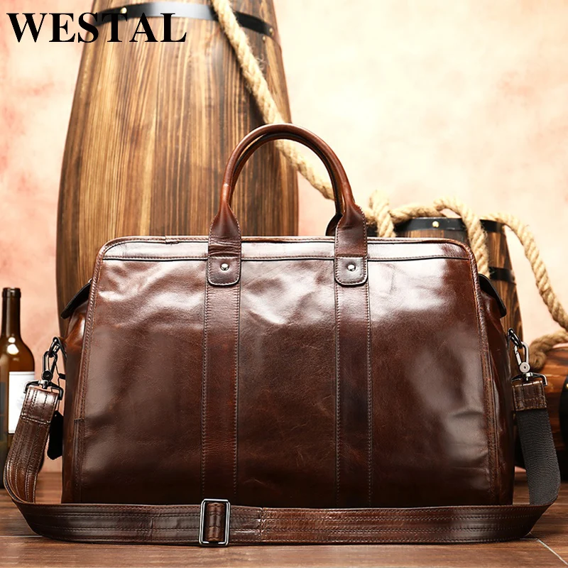 WESTAL men's travel bag leather duffle bag men'genuine leather laptop/weekend bag for men leather travel bags hand luggage 8566