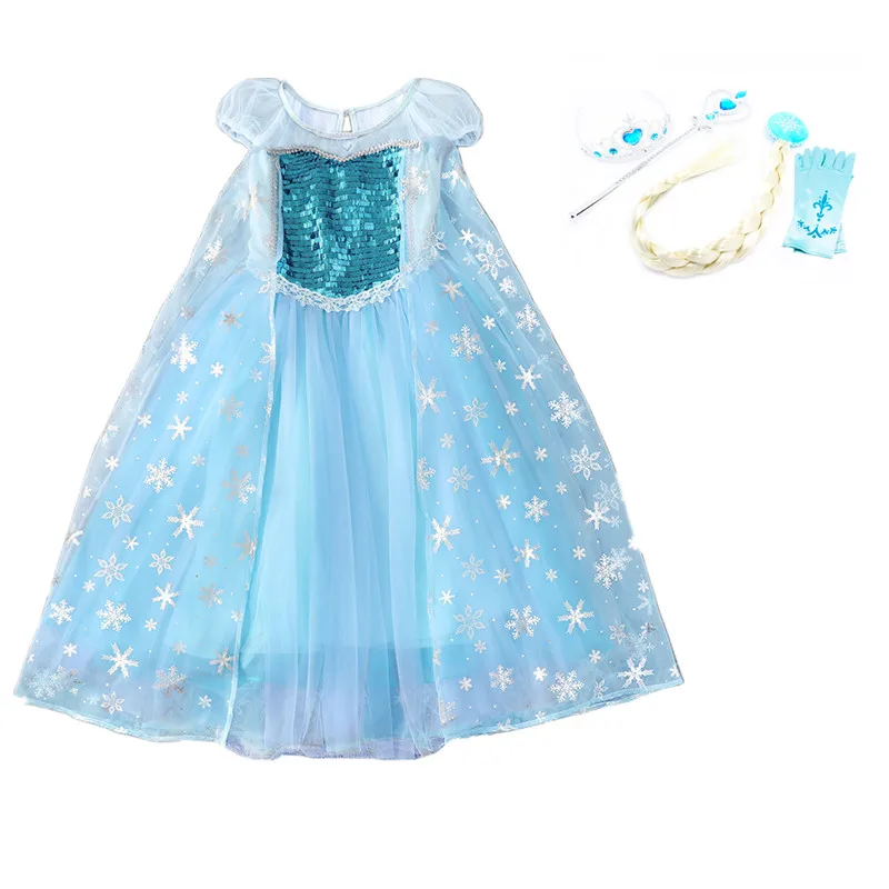 

Girls Elsa Dress up Kids short Sleeve Sequins Snow Queen Elsa Princess Cosplay Costume Children Party Fancy Dress Long Gown