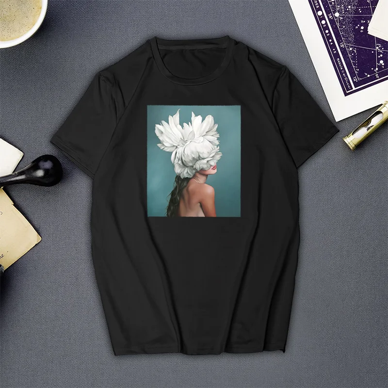 

New Women Aesthetics Tshirt Sexy Flowers Print Short Sleeve Tops & Tees Black and White Fashion Casual Female T Shirt