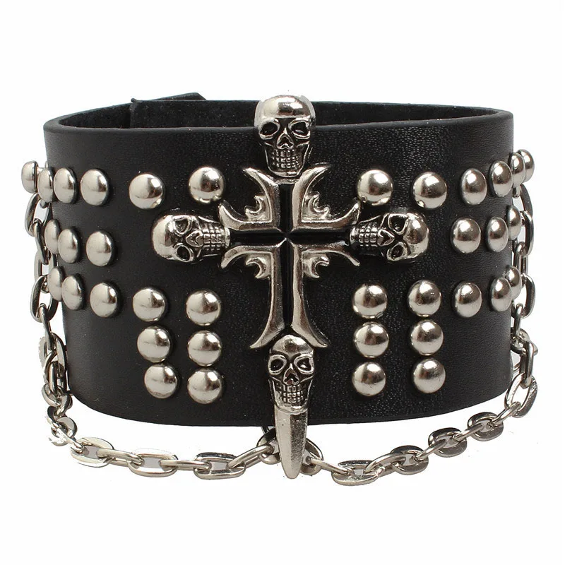 Vintage Men Bracelets Punk Rock Bracelet Skull Cross Rivet Chain