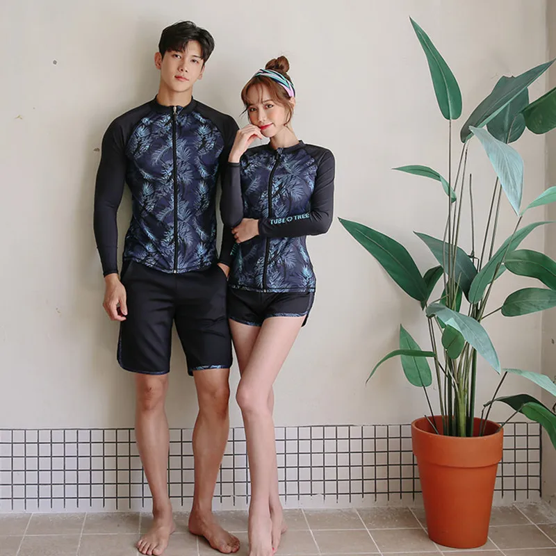 Men's 2 pcs / Women's 3 pcs Set Zip Front Long Sleeve Top and Bottoms Rashguards Swimsuit Swim Sun Shirt Trunks Matching Couples