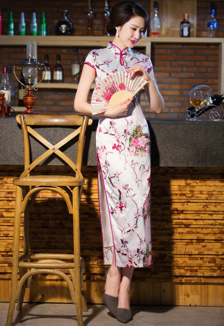 Брендовые новые синие китайские Женские Длинные атласные Cheongsam летние горячие продажи Qipao Цветочные Повседневные платья Размер S M L XL XXL 020809