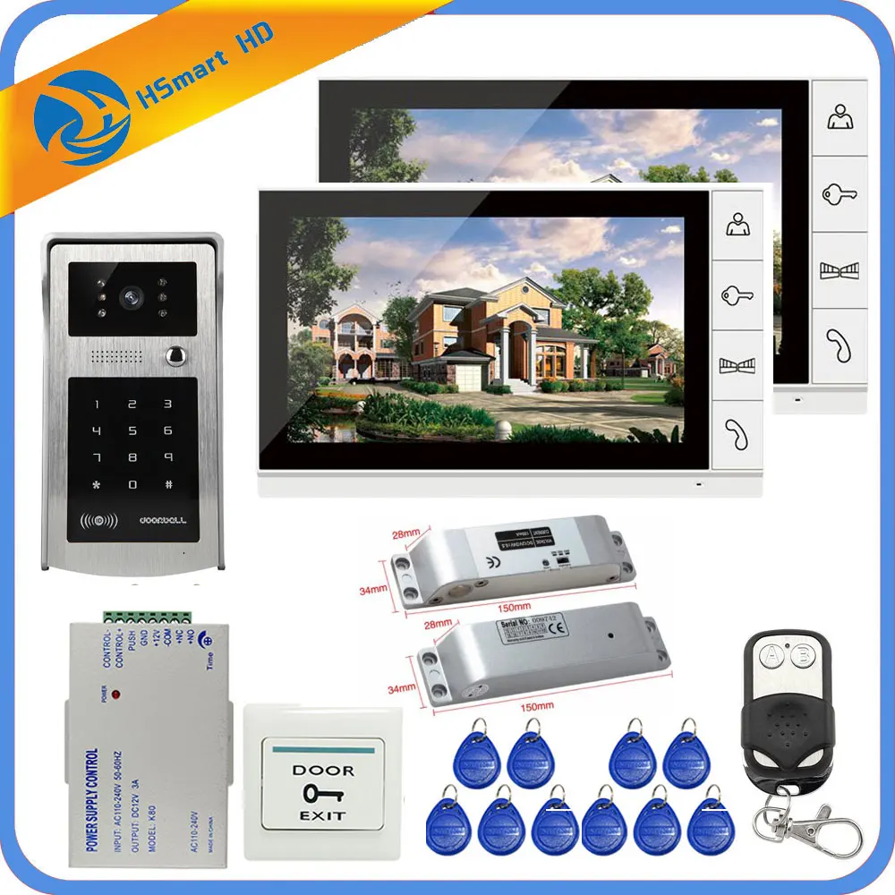 9inch 1V2 LCD video door phone intercom system+Electric Bolt Lock+ID Inductive Card password Camera + Power Supply+Door Exit