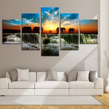 

Home Decor Modern HD Printed Paintings 5 Panel Elephant Animal Sunset View Wall Art Frame Canvas Living Room Pictures Tableau