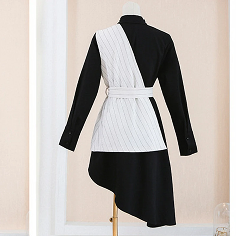 2018 Autumn New Tie-up Belt Waist Long section Irregular Black & White Shirt Dress Two-piece Women's Clothing Explosion Dresses