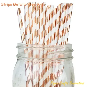 

8inch 4Packs(pack of 25) Striped Metallic Rose Gold Paper Drinking Straws Baby Shower Wedding Birthday Party Supplies