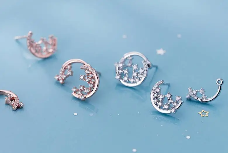 

1pair 12mm Real. 925 Sterling Silver fine jewelry zirconia set Moon Front &Back Stud earrings GTLE2729
