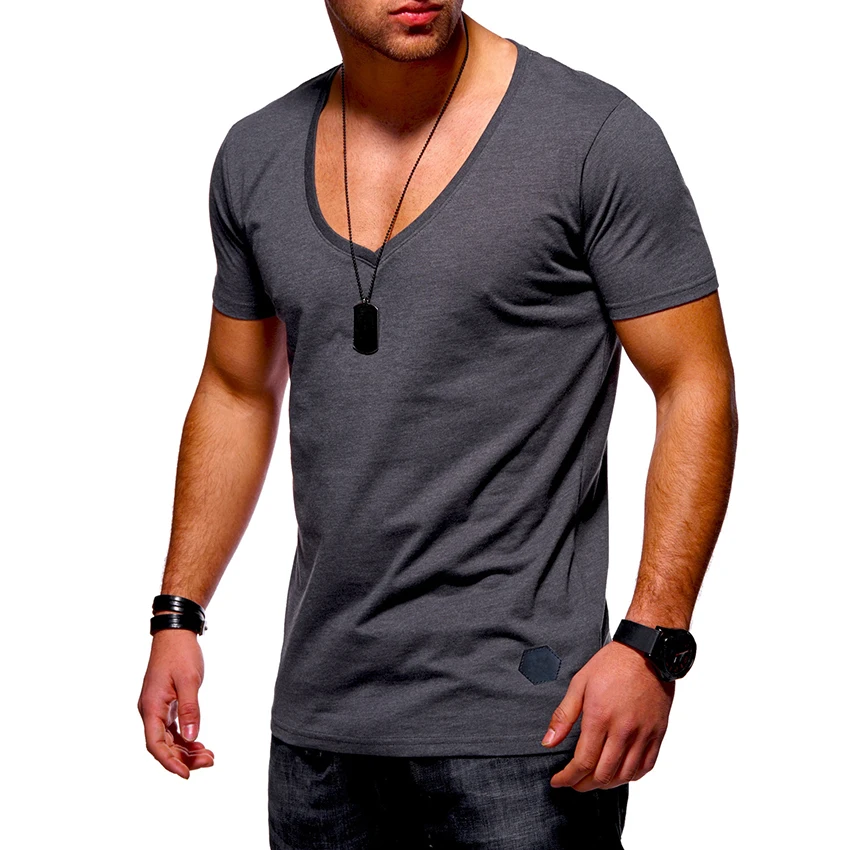 Male Solid T shirt Hip Hop Hipster T shirt Men Summer Deep V Tops Tee Slim Fit Tshirt Casual