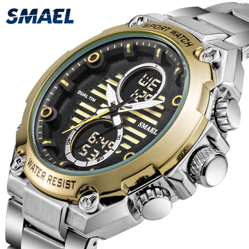 Для мужчин часы Нержавеющая сталь SMAEL сплава часы Для мужчин цифровой большой циферблат Электронные часы Водонепроницаемый 1372 Мужские