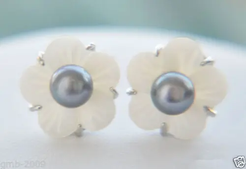 

Hot sale new Style >>>>Natural 6-7mm Black Freshwater Pearl Shell Flower 925 Sterling Silver Earrings