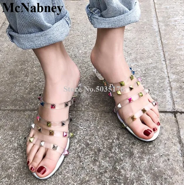 

McNabney Women Sandals Transparent PVC Rivet Crystal Strange Style Women Sandals Mixed Colors Thick Heel Peep Toe Women Shoes