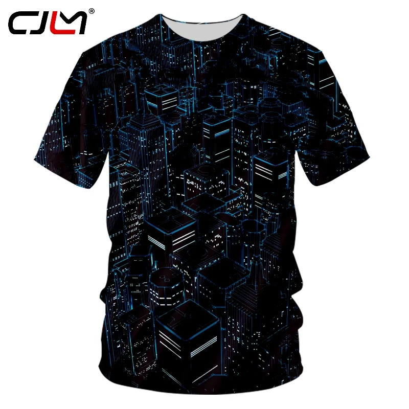 

CJLM Man Personality Black O Neck Tshirt Men's Oversized Casual Tee Shirt 3D Printed Science Fiction City Light Tishirt
