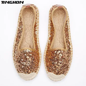 

TINGHON Fashion Ethnic Casual Espadrilles Flat Women Spring Printed Sequins Gold Bling Slip on Fishermen Hemp Rope Shoes 35-41