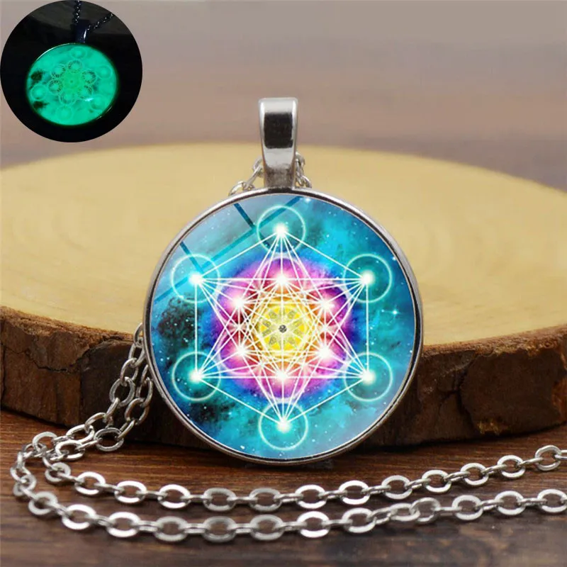 

Yoga Meditation Luminous Jewelry Psychedelic Sacred Geometry Glass Cabochon Pendant Silver Chain Glow In The Dark Necklace Women