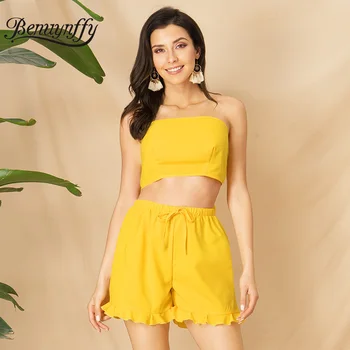 

Benuynffy Hot 2 Piece Set Women 2019 Sexy Backless Strapless Top and Drawstring Waist Ruffle Shorts Beach Holiday Two Piece Set