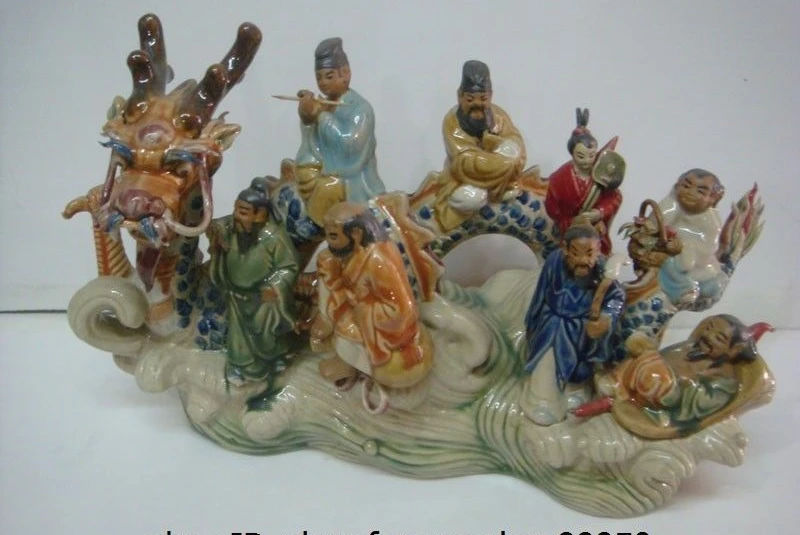China Wucai Pottery Porcelain Dragon Sea Eight Immortals God Buddha Statue Set | Дом и сад