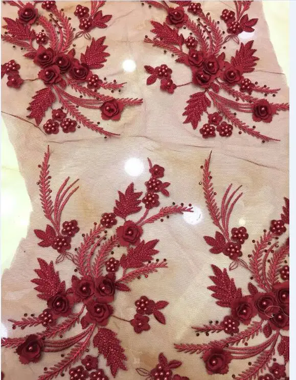 15 цветов Роскошные африканские вышивки 3D цветочные ручной работы бисером жемчуг тюль кружевной ткани с Стразы - Цвет: burgundy