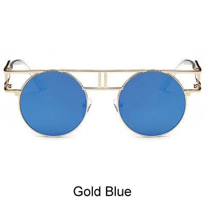 Ralferty готические Круглые Солнцезащитные очки для женщин и мужчин винтажные стимпанк очки Ретро Покрытие Солнцезащитные очки Светоотражающие gafas de sol mujer - Цвет линз: Gold Blue