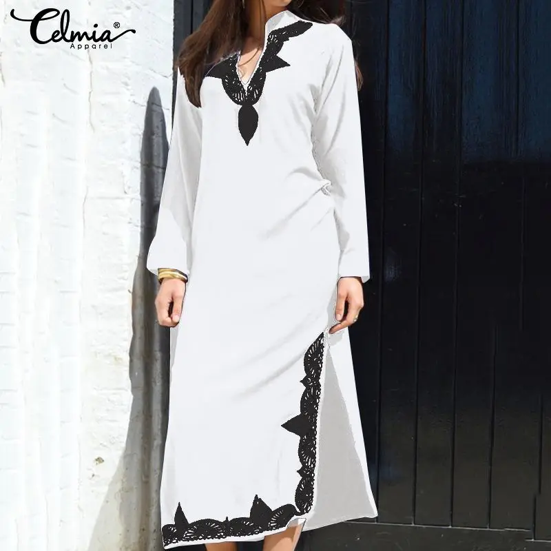 

2019 Celmia Women Sexy V Neck Long Shirt Dress Long Sleeve Vintage Print Dresses Ladies Casual Loose Kaftan Split Vestidos S-5XL