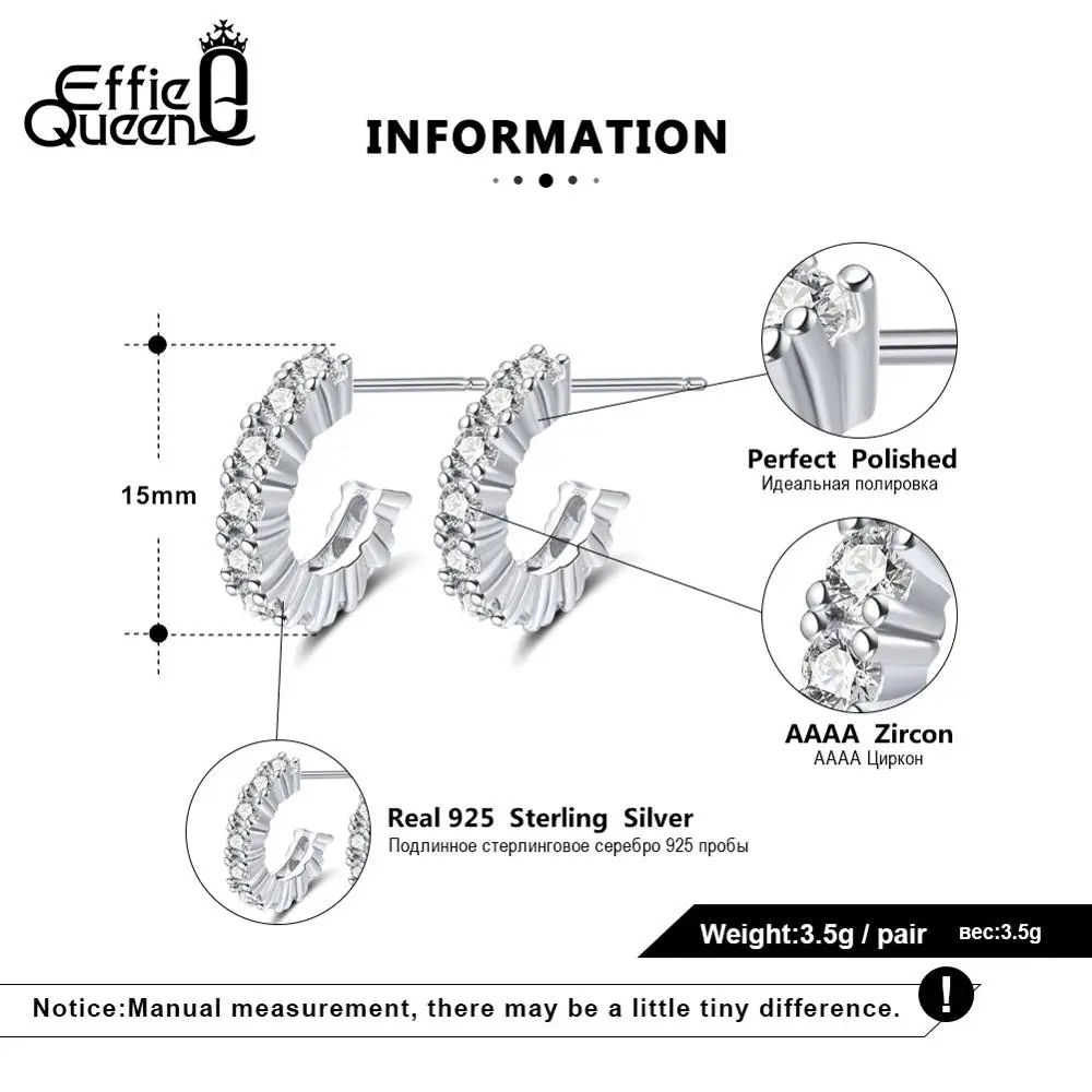 Effie queen Серебро 925 серьги-гвоздики для женщин AAAA кубический циркон буквы C Серьги Серебряные вечерние ювелирные изделия женские Kolczyki BE167