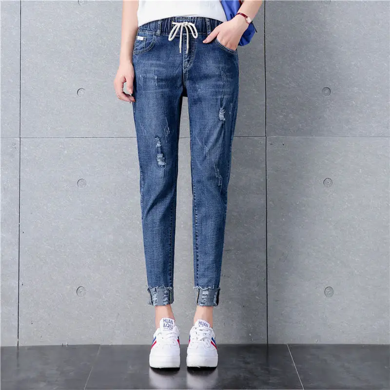 Рваные джинсы для женщин с высокой талией свободные винтажные Джинсы бойфренда для женщин джинсовые штаны-шаровары уличная одежда большого размера мама джинсы Q1435 - Цвет: Dark blue
