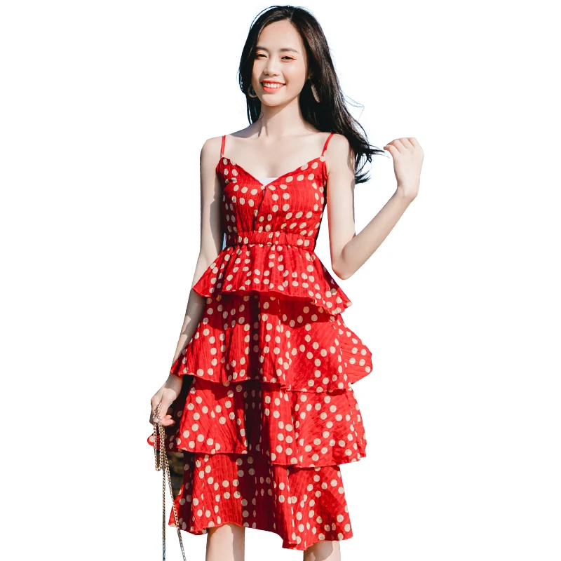 2019 Summer Sexy Hot Spaghetti Strap Women Dress Cascading Ruffle Elastic Polka Dot Print Backless Women Club Dress