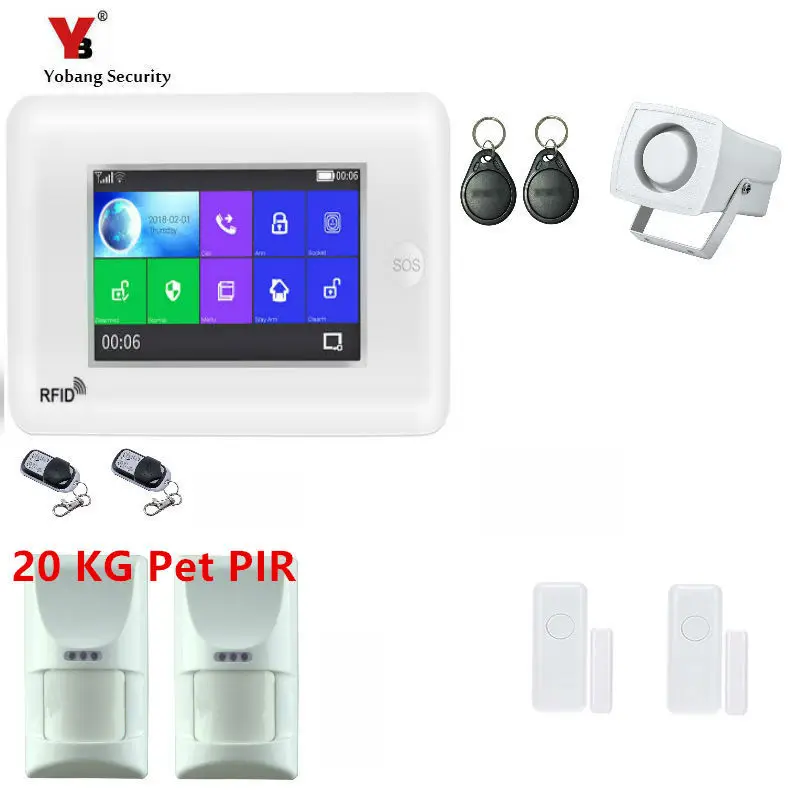 

Yobang Security WIFI Burglar Alarm System with Full Touch Screen APP Remote Control Door/window and PET pir sensor Wired siren