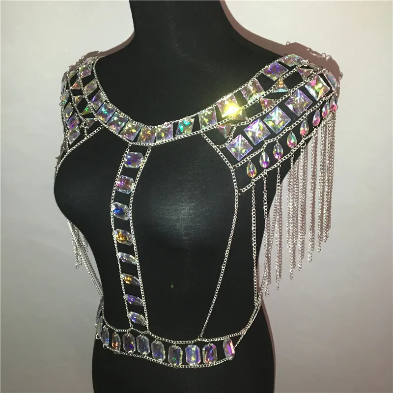 AKYZO Crazy crystal sequin женские комплекты из 2 предметов забавные праздничные наряды ручной работы в стиле пэчворк с металлической кисточкой и цепочкой Женский комплект
