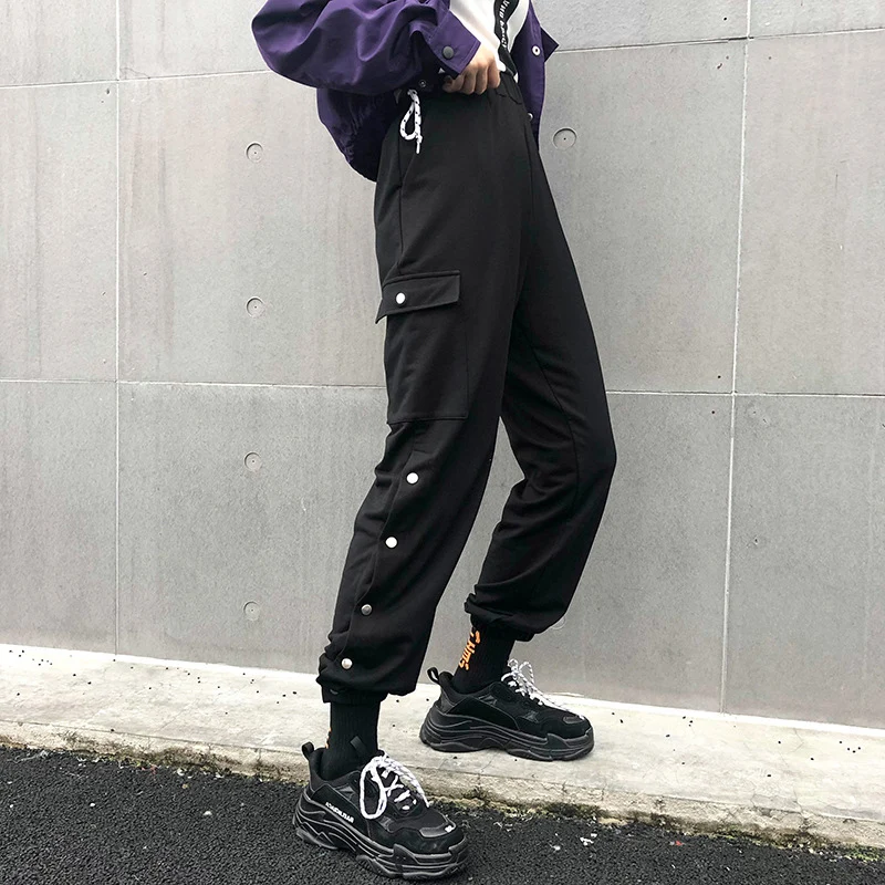 Военные штаны-карго боковой кнопки Разделение открытым Высокая Талия Брюки джоггеры брюки женские Harajuku плавки уличная одежда в стиле