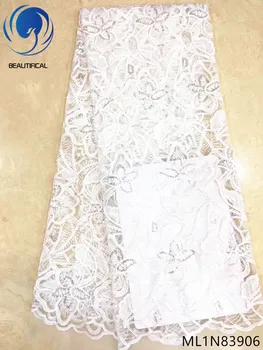 

BEAUTIFICAL white bridal lace fabrics Fashion embroidery seuqins net lace nigerian fabrics for dress Free shipping ML1N839