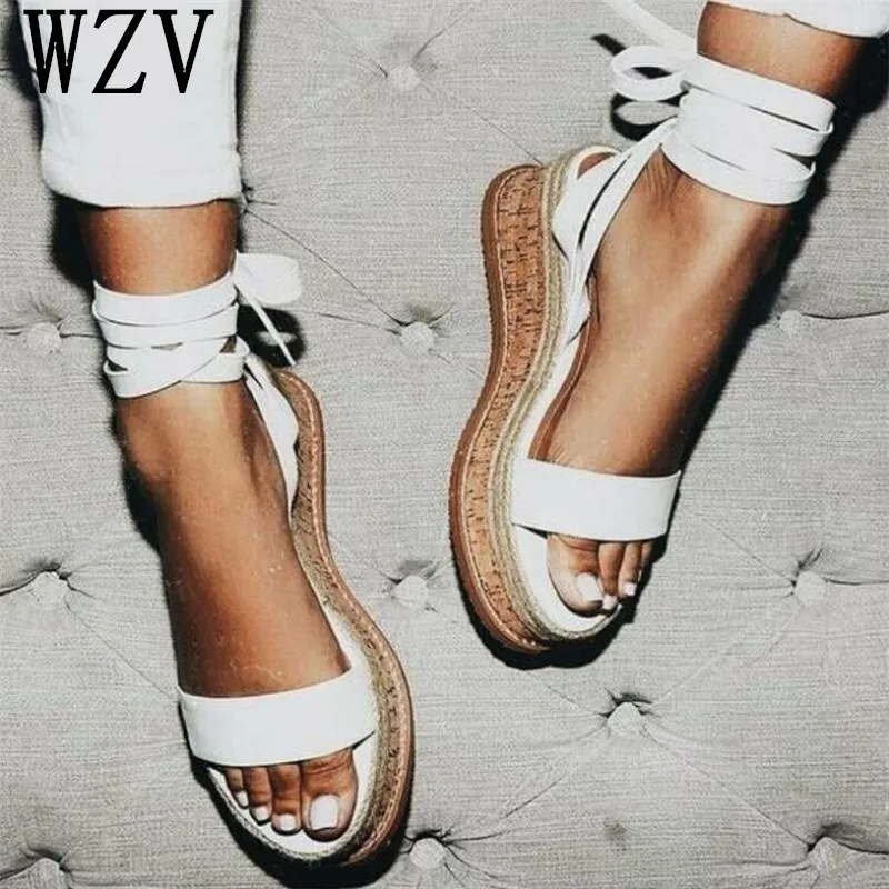 

2019 Summer White Wedge Espadrilles Women Sandals Open Toe Gladiator Sandals Women Casual Lace Up Women Platform Sandals W710