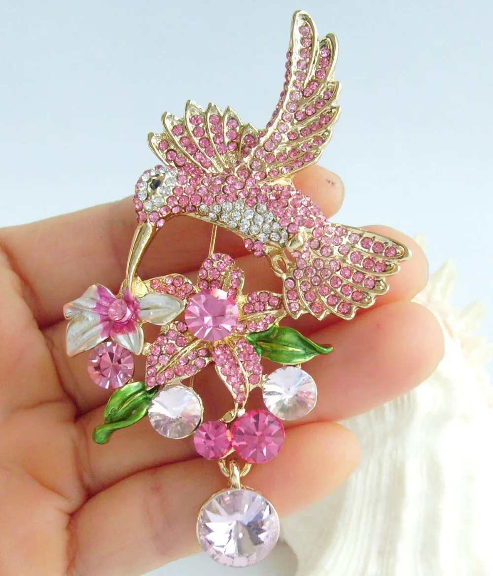 

Beautiful 3.54" Pink Austrian Crystal Animal Hummingbird Brooch Pin Pendant KPA01775C8