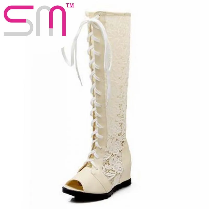 

Brand New 2017 Medium Heels Less Platform Open Toe Cut-out Mesh Summer Boots Lace Up Cross Bandage Over Knee Boots Fashion Shoes