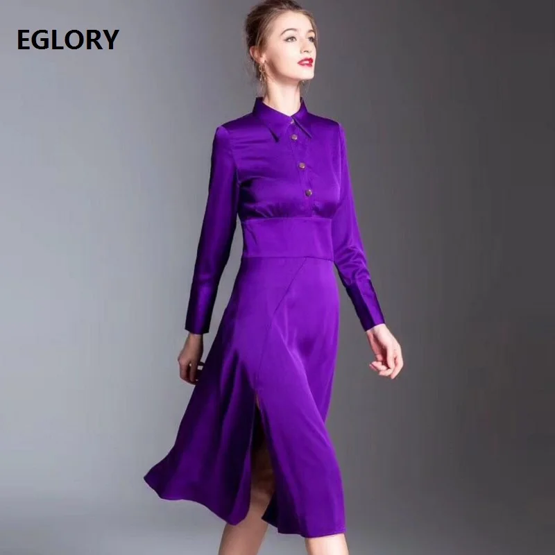 Летнее модное офисное платье высокого качества, женское платье-туника с отложным воротником, пуговицы, длинный рукав, фиолетовое черное платье, одежда для работы