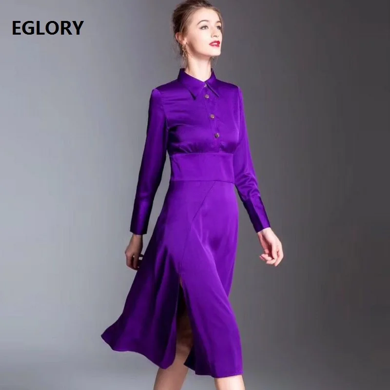 

2019 Summer Fashion Office Dress High Quality Women Turn-down Collar Tunic Buttons Long Sleeve Purple Black Dress Wear To Work