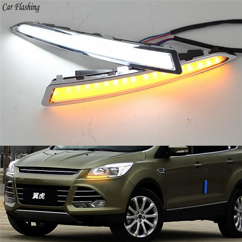

1Pair For Ford Kuga Escape 2013 2014 2015 2016 Daytime Running Light DRL LED Fog Lamp Cover With Yellow Turning Signal Functions
