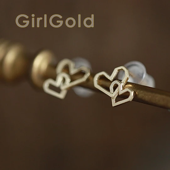 

9K Solid Gold Stud Dainty Double Heart Love Earring Jewelry Minimal Simple Style bridesmaid Bridal Gift