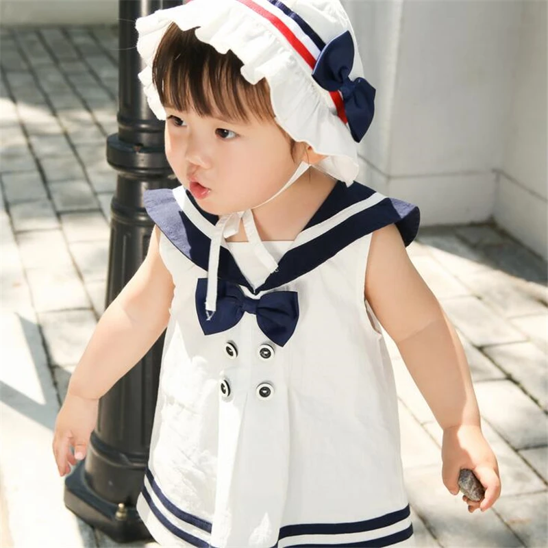 Хлопковое платье для маленьких девочек с шапочкой; цвет темно-синий; консервативный стиль; комплект летней одежды для маленьких девочек; платье для маленьких девочек в морском стиле
