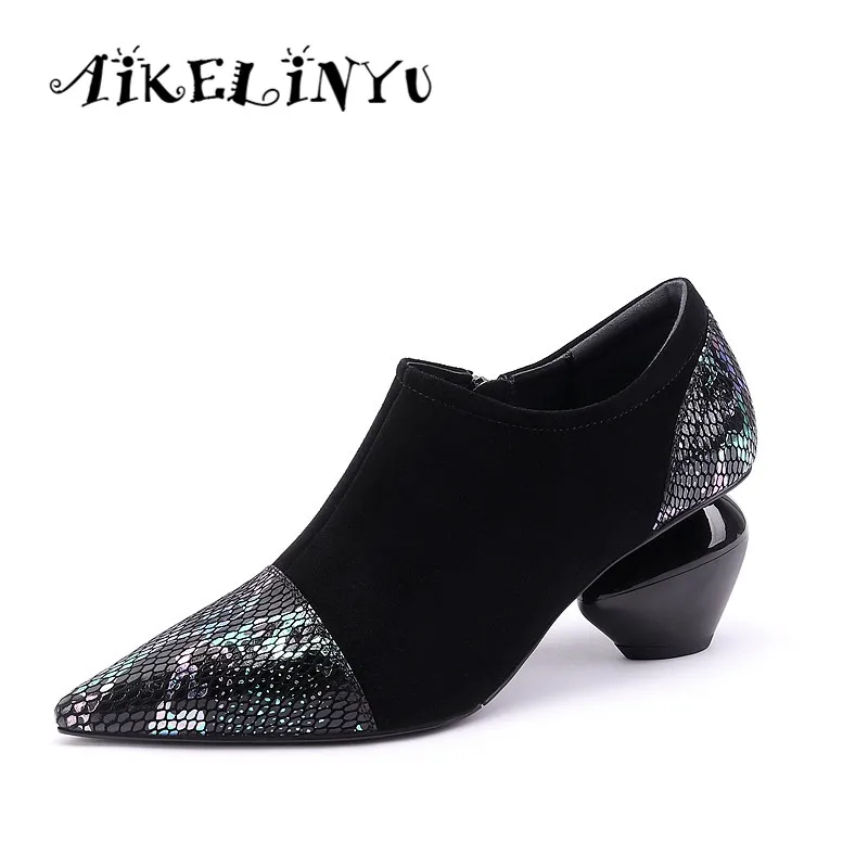 

AIKELINYU 2019 Autumn Fashion Snake Skin Design Pumps Sexy Strange Heels High Quality Sheepskin Shoes Pointed Toe Women's Pumps
