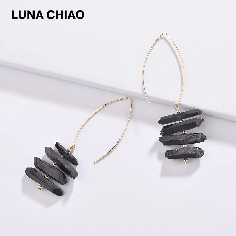 LUNA CHIAO, модные ювелирные изделия, дизайн, большой крючок, наборные, натуральный кварцевый камень, висячие серьги для женщин - Окраска металла: Black