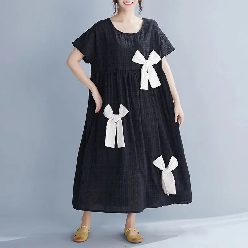 DIMANAF Plus Size Women Dress Summer Bowknot Cotton Linen Fashion Lady Vestidos Female Clothing Loose Casual Style Dress Black