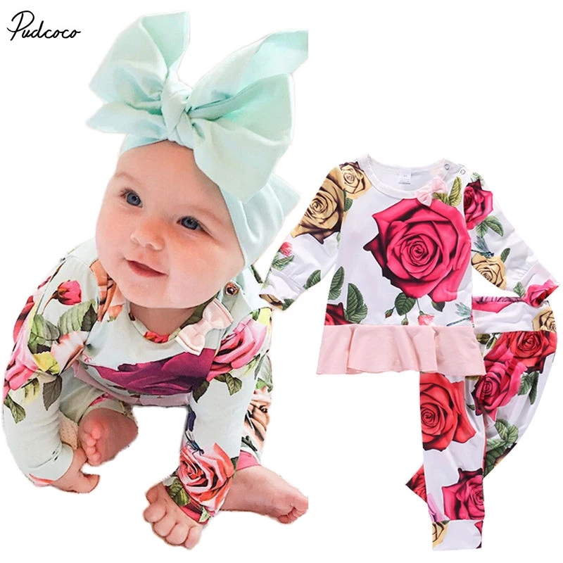2PCS Newborn Infant Baby Girls Clothes Set Flower Cute T- Shirts Tops Long Sleeve Pants Outfits Girl Clothes Set