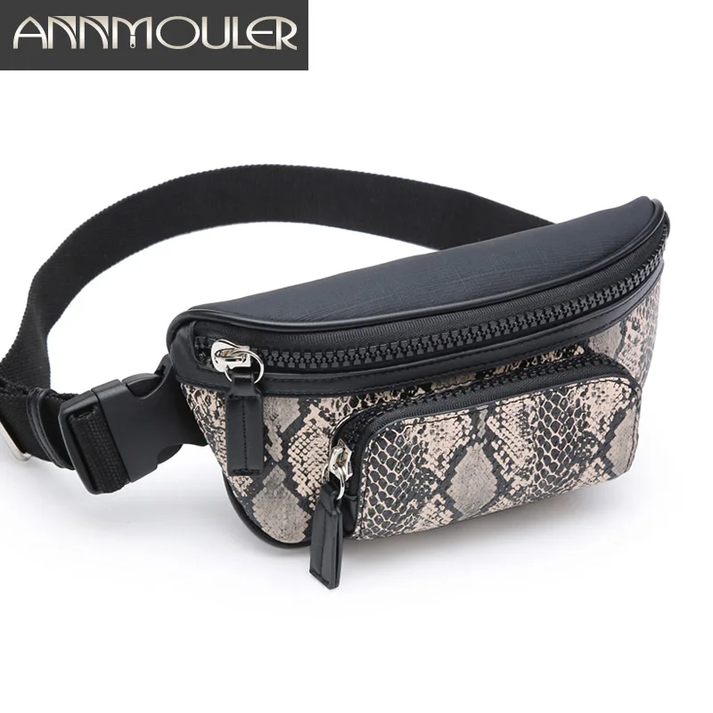 Annmouler العلامة التجارية النساء الخصر حقيبة بو الجلود خليط حزمة مراوح الأزياء الأفعى نمط الخصر حزمة متعددة جيوب الصدر أكياس