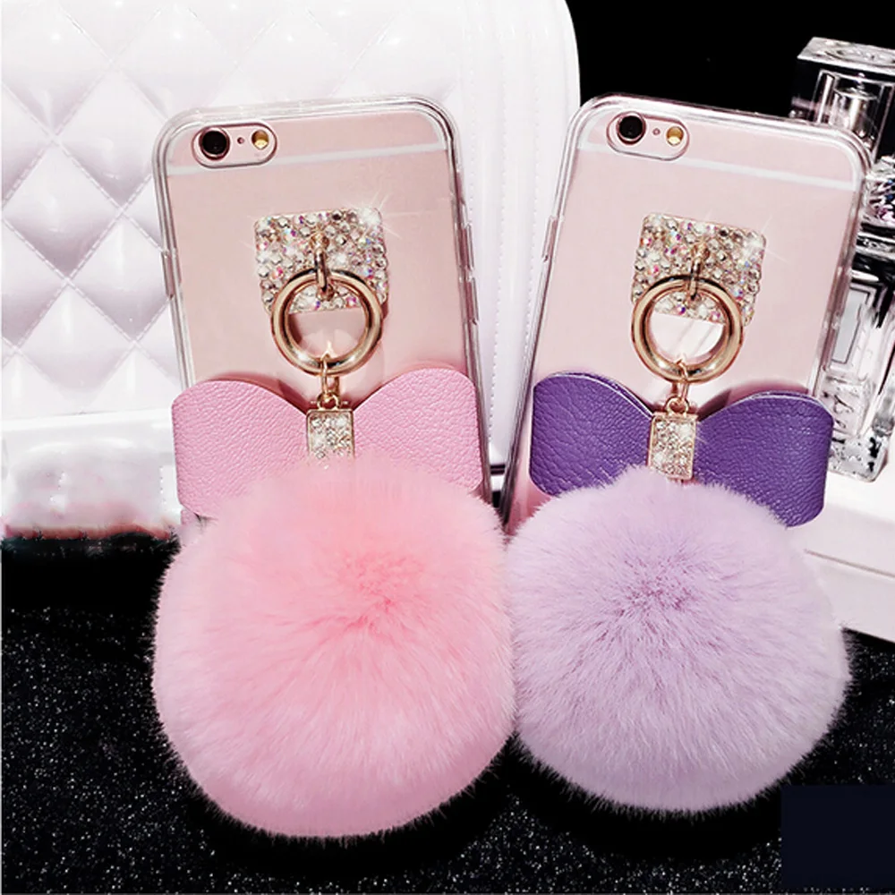 Lovely 3D Faux Bunny Hair Fluff Pompom Keychain Fur Phone Case Back