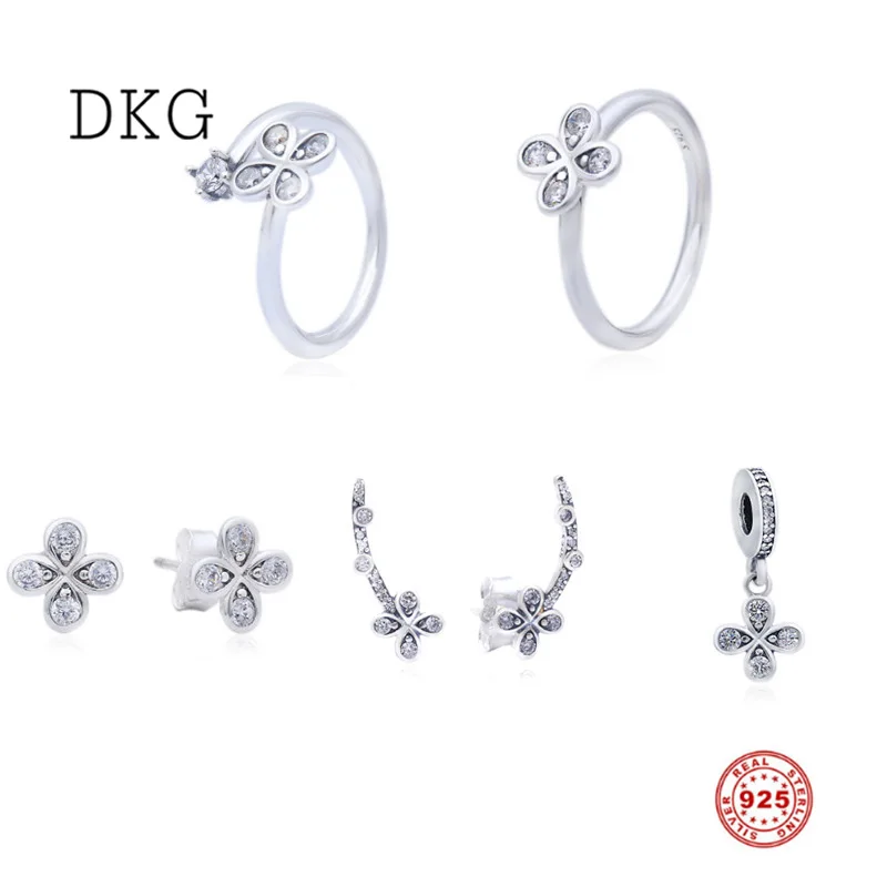 

2019 NEW 925 Sterling Silver Four-Petal Flower Ring Pendant and Earring Set Fit Original DKG Bracelets DIY Jewelry for Women