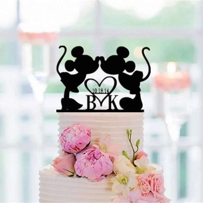 

Personalized Cake Topper Black Acrylic Mickey Minnie Cake Topper Custom Name and Date Cake Accessory Wedding Decoration