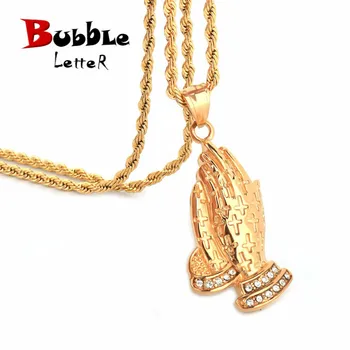 

Stainless Steel Praying Hand Pendant Necklace Christian Apostle Lucky Jewelry Bling Rhinestone Men's Hip Hop Hand Necklace