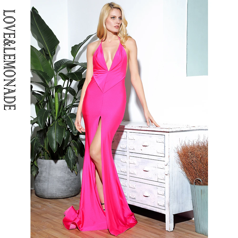 

LOVE&LEMONADE Sexy Hop Pink Deep V-Neck Open Open Back Bodycon Party Elastic Fabric Maxi DressLM81702
